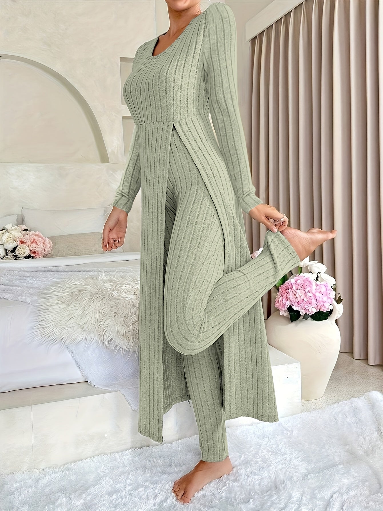 Women's Casual Solid Color Ribbed Pants Set - Short Sleeve V Neck Split Long Length Top & Elastic Waist Slim Pants Outfits - For Everyday Wear - Perfect for Spring/Summer