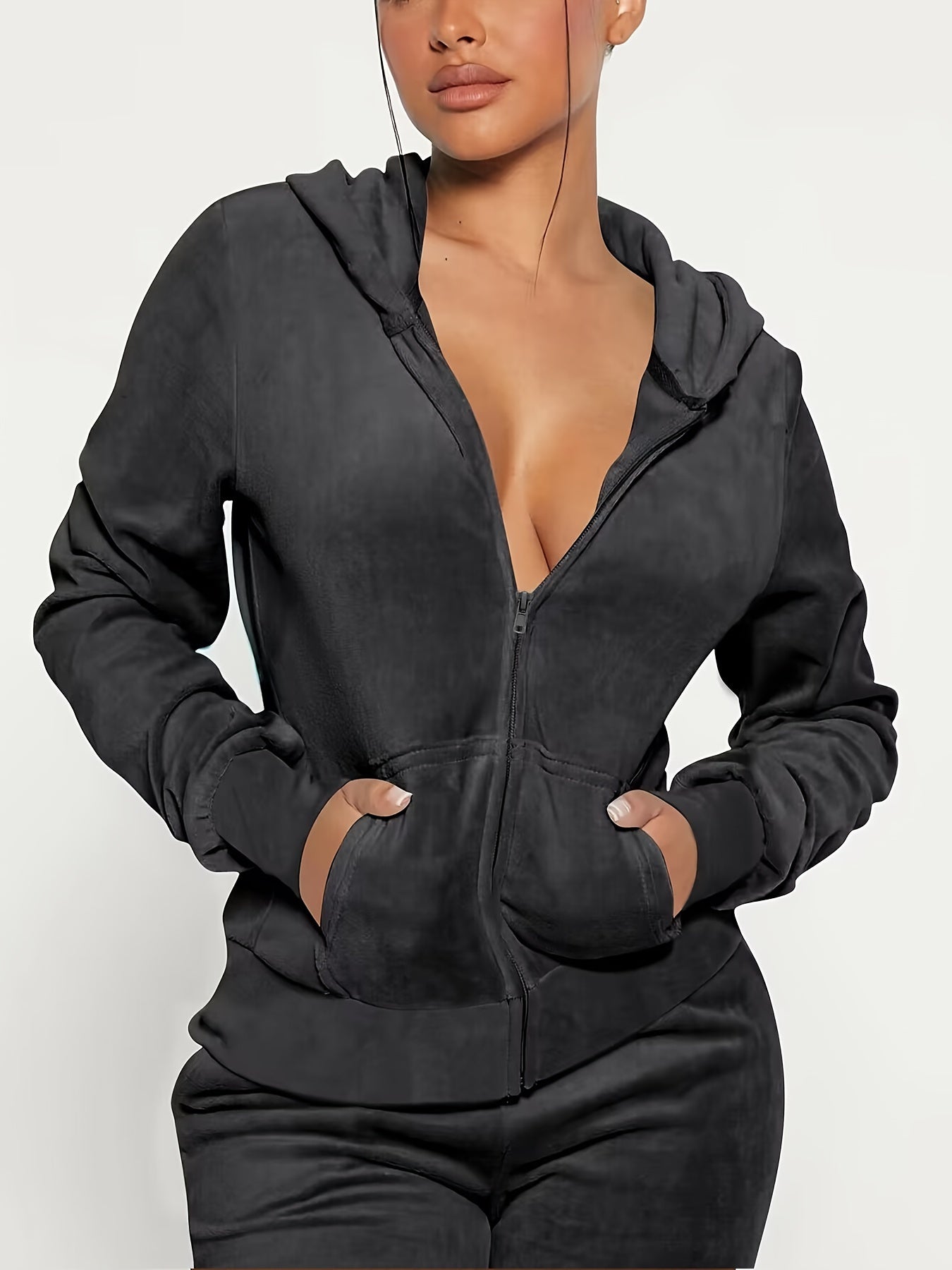 Casual Velvet Pants Set, Long Sleeve Zipper Kangaroo Pocket Hooded Outwear & Drawstring Waist Pockets Pants, Women's Clothing