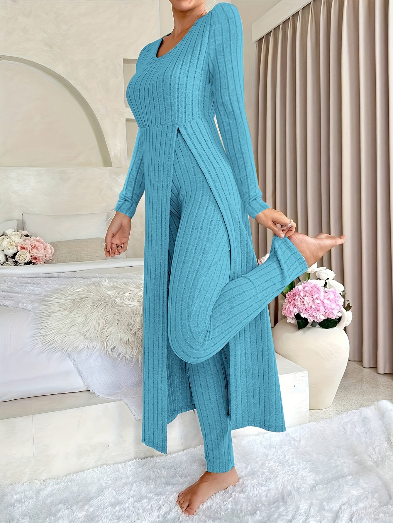 Women's Casual Solid Color Ribbed Pants Set - Short Sleeve V Neck Split Long Length Top & Elastic Waist Slim Pants Outfits - For Everyday Wear - Perfect for Spring/Summer