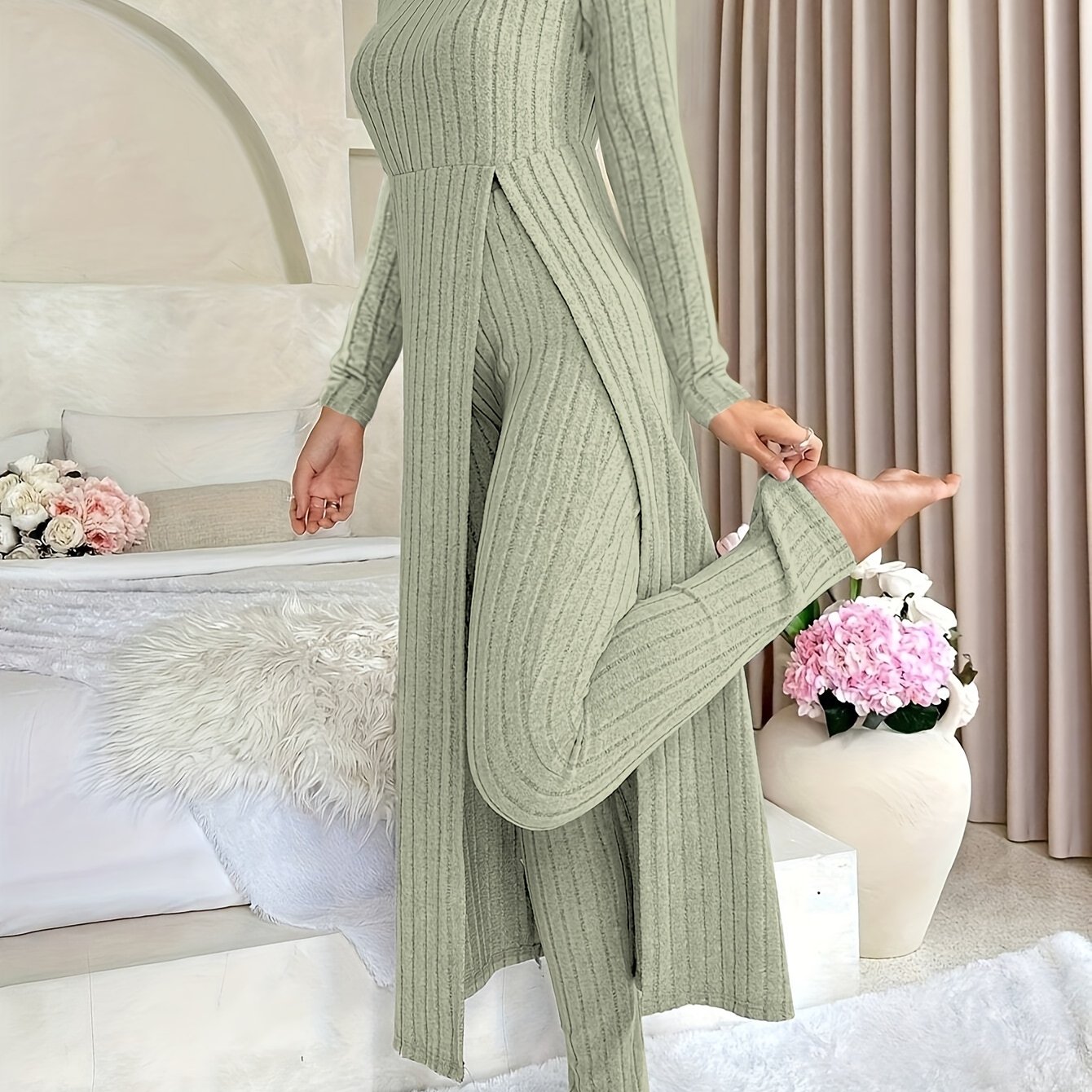 Women's Casual Solid Color Ribbed Pants Set - Short Sleeve V Neck Split Long Length Top & Elastic Waist Slim Pants Outfits - For Everyday Wear - Perfect for Spring/Summer