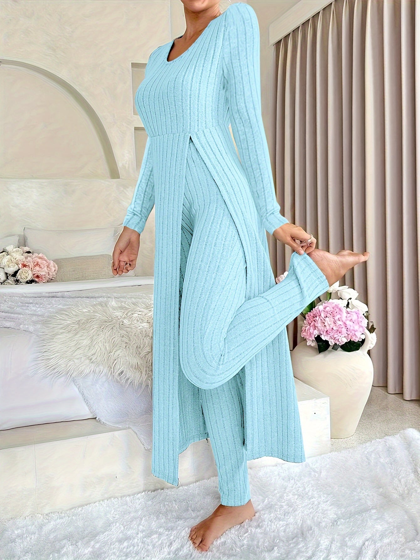 Women's Casual Solid Color Ribbed Pants Set - Short Sleeve V Neck Split Long Length Top & Elastic Waist Slim Pants Outfits - For Everyday Wear - Perfect for Spring/Summer