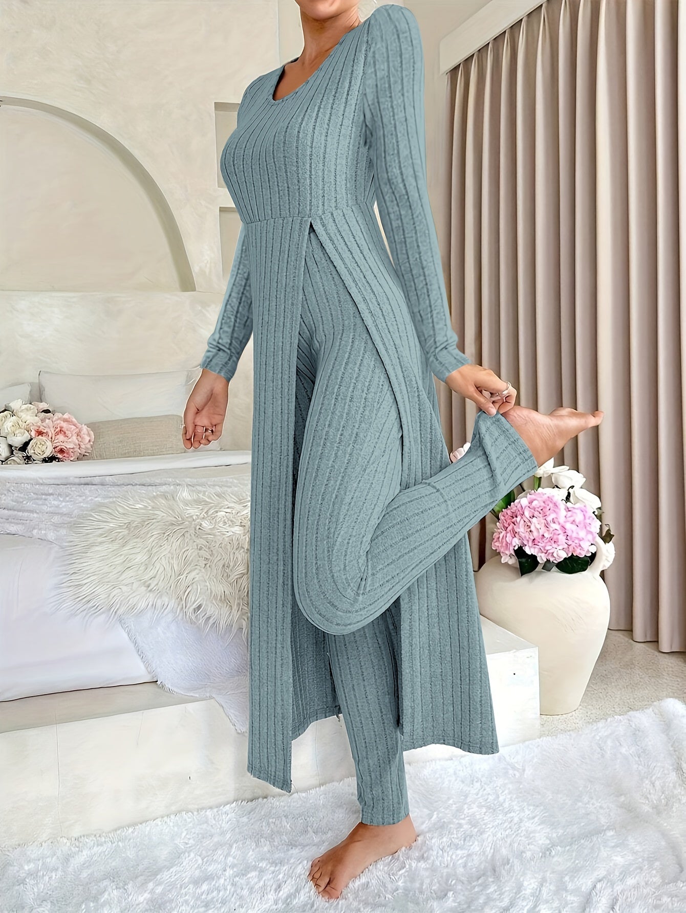 Women's Casual Solid Color Ribbed Pants Set - Short Sleeve V Neck Split Long Length Top & Elastic Waist Slim Pants Outfits - For Everyday Wear - Perfect for Spring/Summer