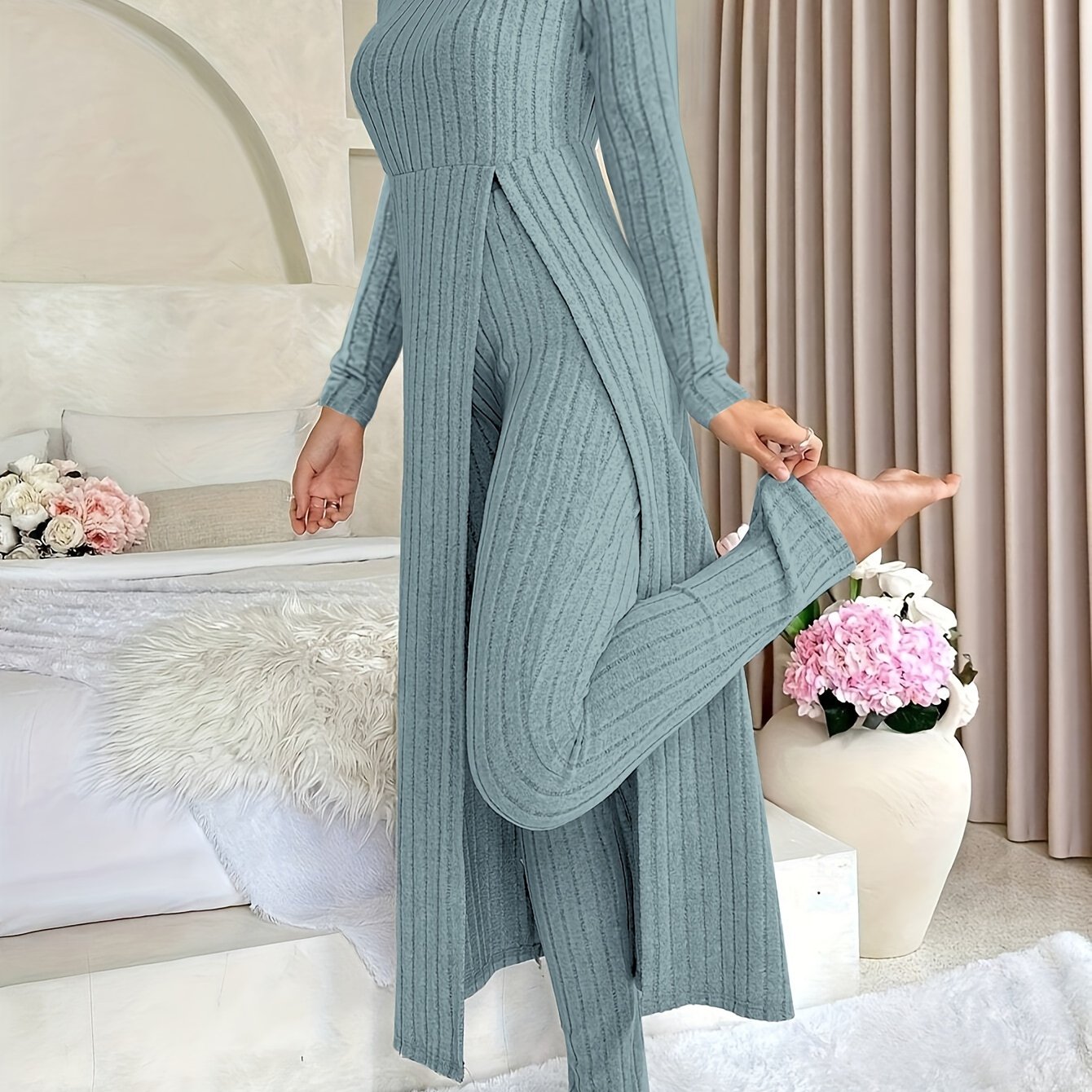 Women's Casual Solid Color Ribbed Pants Set - Short Sleeve V Neck Split Long Length Top & Elastic Waist Slim Pants Outfits - For Everyday Wear - Perfect for Spring/Summer