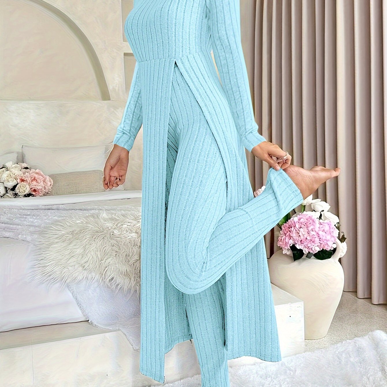Women's Casual Solid Color Ribbed Pants Set - Short Sleeve V Neck Split Long Length Top & Elastic Waist Slim Pants Outfits - For Everyday Wear - Perfect for Spring/Summer