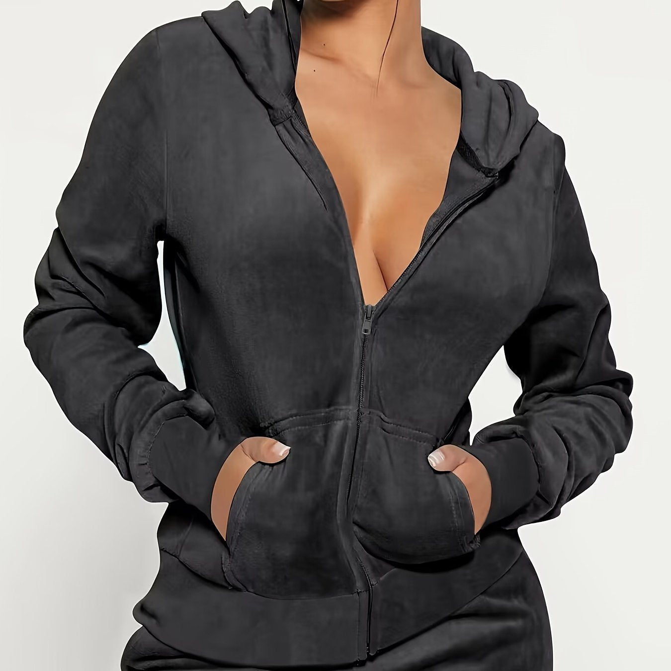 Casual Velvet Pants Set, Long Sleeve Zipper Kangaroo Pocket Hooded Outwear & Drawstring Waist Pockets Pants, Women's Clothing