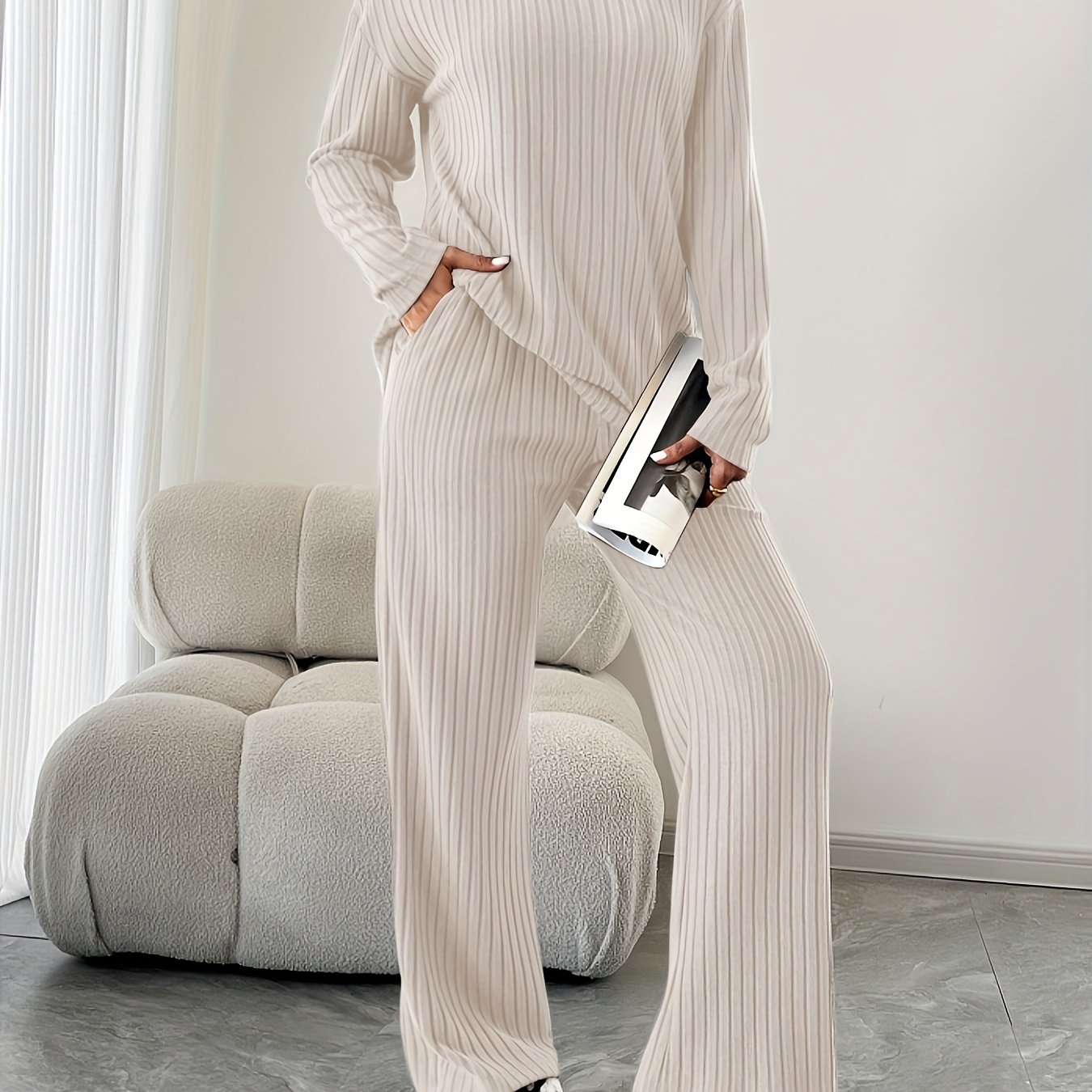 Autumn and Winter Fashionable Loose Casual Wide Leg Pants Knitted Set, V-Neck Pocketed Striped Knitted 2pcs Set, Women's Clothing