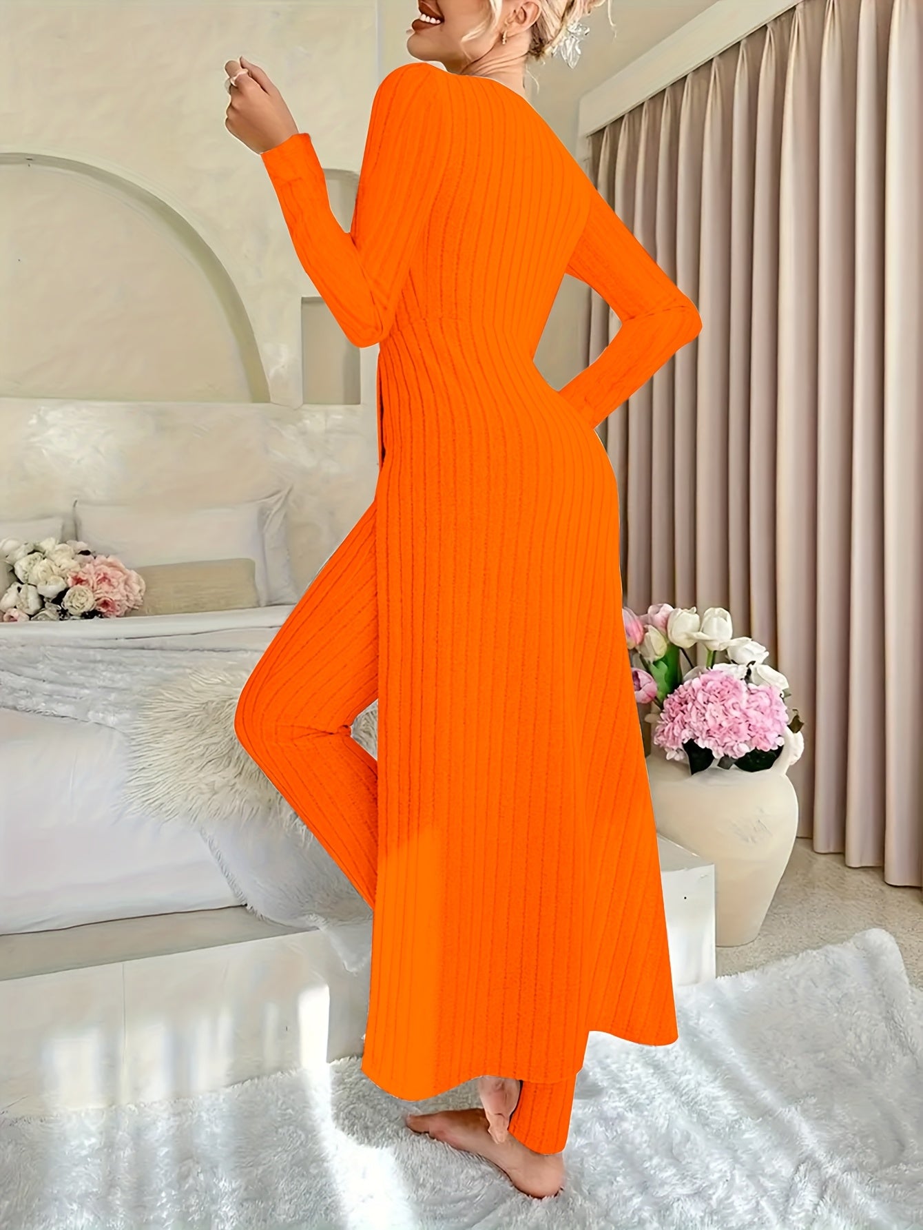 Women's Casual Solid Color Ribbed Pants Set - Short Sleeve V Neck Split Long Length Top & Elastic Waist Slim Pants Outfits - For Everyday Wear - Perfect for Spring/Summer