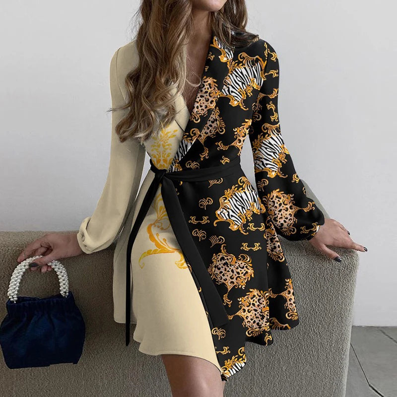 Elegant Floral Print Patchwork Party Dress 2024 Spring Women V-neck Belted Mini Dresses Office Lady A-line Dress Vestidos Cortos