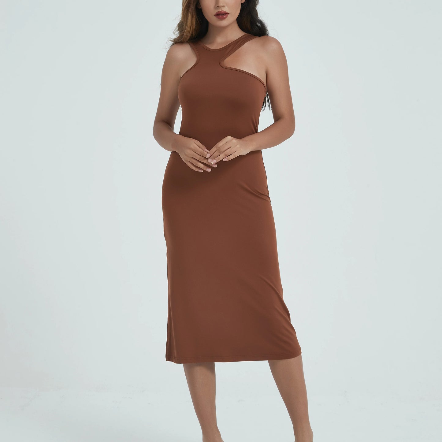 Spaghetti Strap Dresses for Women Summer Sexy Sleeveless Camisole Mid-Calf Dress Solid Color Bodycon Dress Sheath Dress SS003