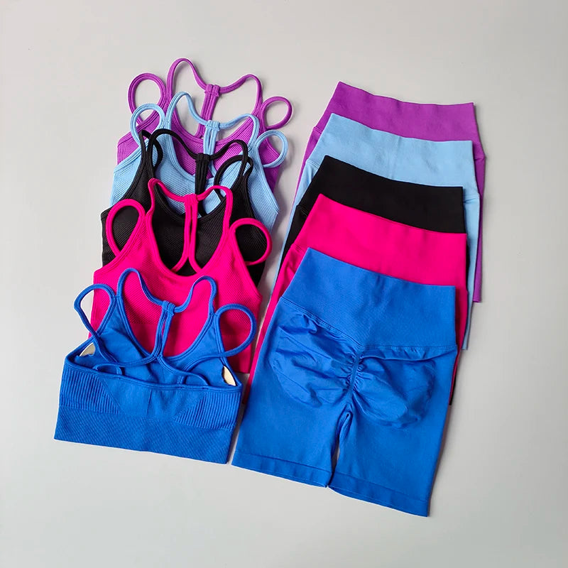 2PCS Seamless Women Yoga Set Gym Sportswear Sport Bra and Hight Waist Shorts Suit Fitness Workout Butt Lifting Short Tight Suit