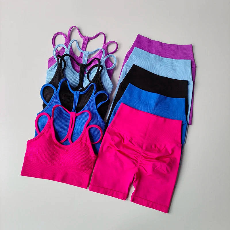 2PCS Seamless Women Yoga Set Gym Sportswear Sport Bra and Hight Waist Shorts Suit Fitness Workout Butt Lifting Short Tight Suit