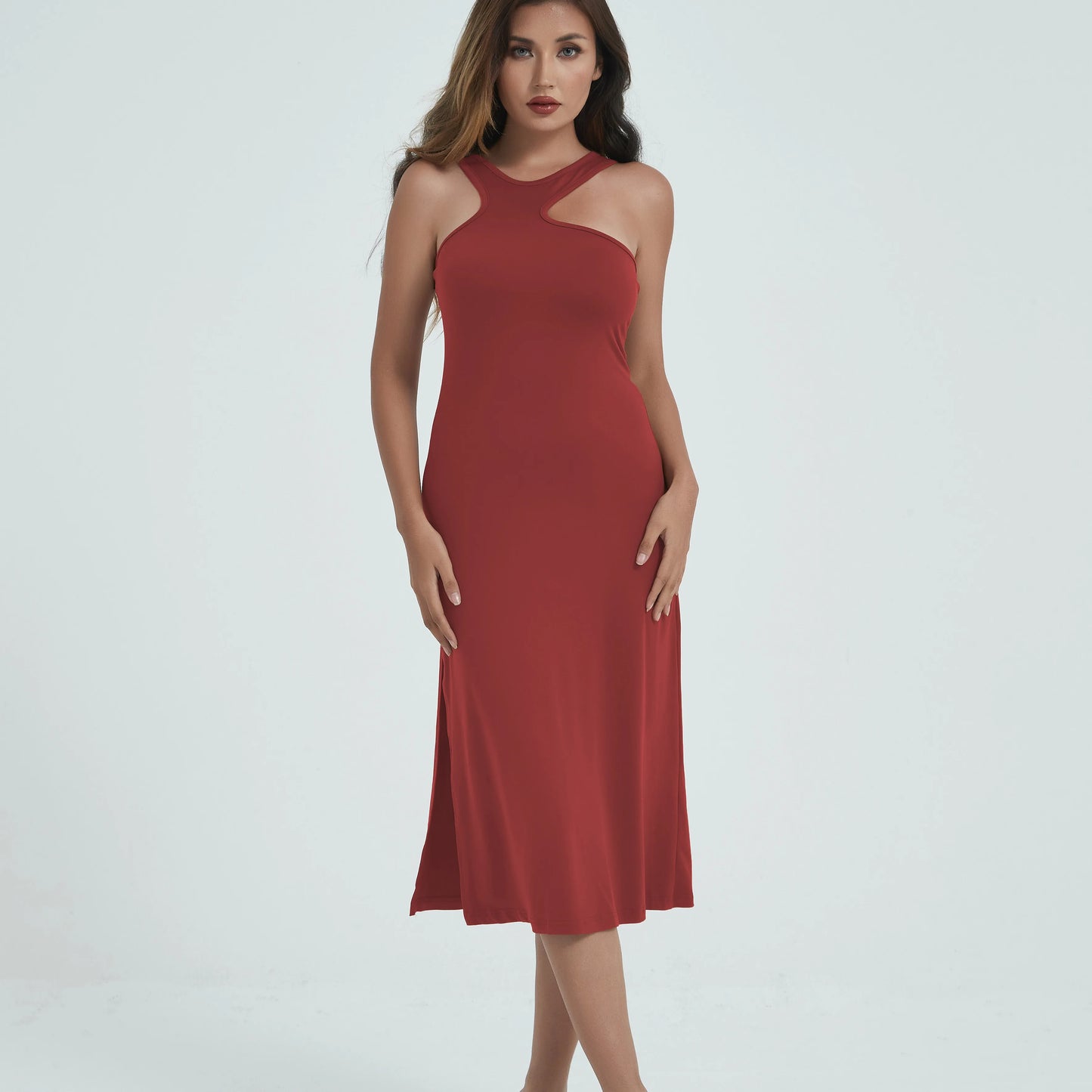 Spaghetti Strap Dresses for Women Summer Sexy Sleeveless Camisole Mid-Calf Dress Solid Color Bodycon Dress Sheath Dress SS003