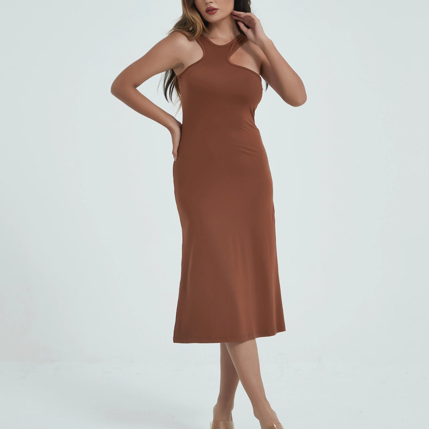 Spaghetti Strap Dresses for Women Summer Sexy Sleeveless Camisole Mid-Calf Dress Solid Color Bodycon Dress Sheath Dress SS003
