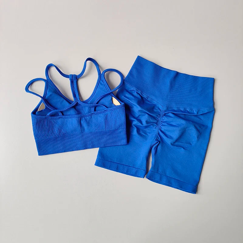 2PCS Seamless Women Yoga Set Gym Sportswear Sport Bra and Hight Waist Shorts Suit Fitness Workout Butt Lifting Short Tight Suit
