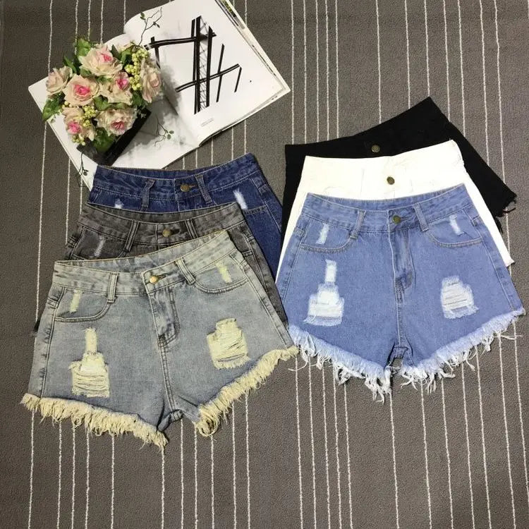 New High Waist Tassel Broken Denim Shorts Female Summer Korean Version Raw Edge Wide Leg Loose Plus Size Jean Shorts Women