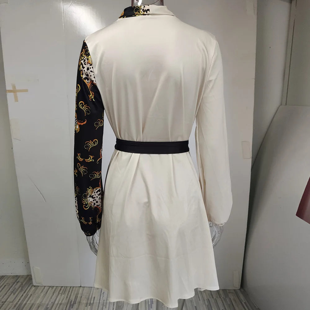 Elegant Floral Print Patchwork Party Dress 2024 Spring Women V-neck Belted Mini Dresses Office Lady A-line Dress Vestidos Cortos