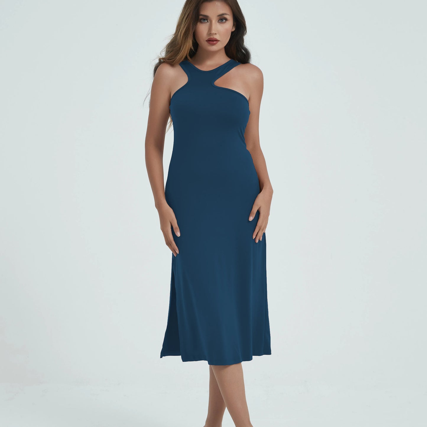 Spaghetti Strap Dresses for Women Summer Sexy Sleeveless Camisole Mid-Calf Dress Solid Color Bodycon Dress Sheath Dress SS003