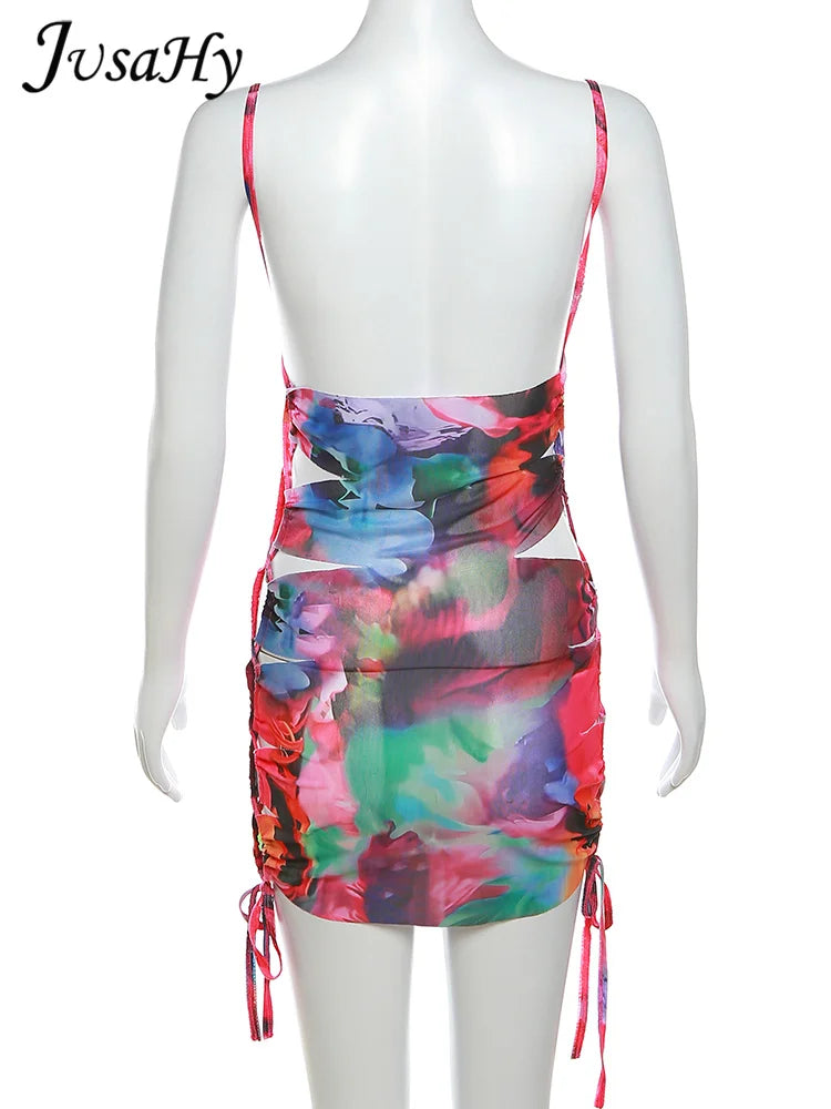 JusaHy Women New Y2K Sexy&High Shiny Street Backless Spaghetti Strap Dresses
