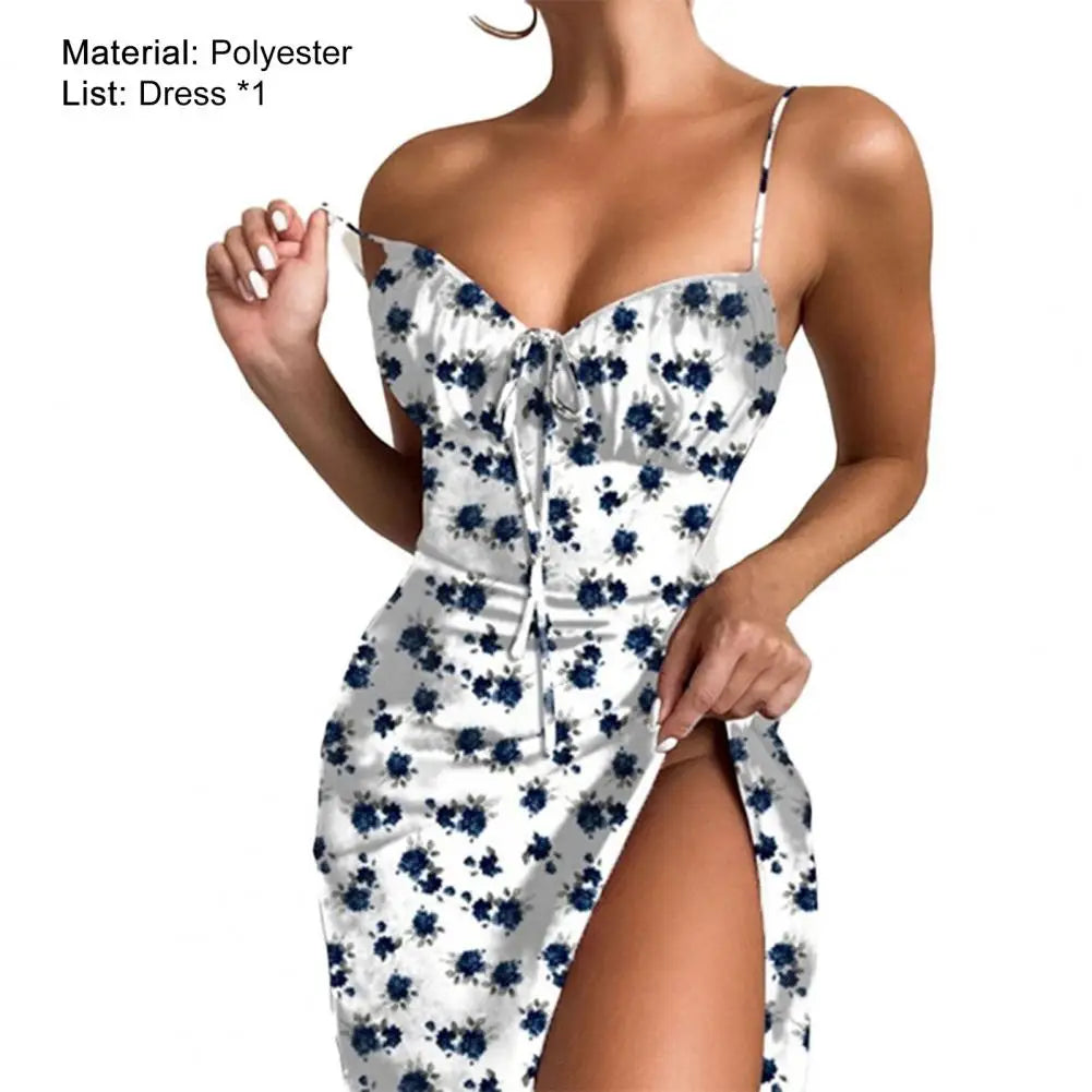 2024 New Summer Women's Sexy Slim Fit Sleeveless High Waist Fashion Floral Fold Lace Up Split Hanging Strap Floral Print Dress