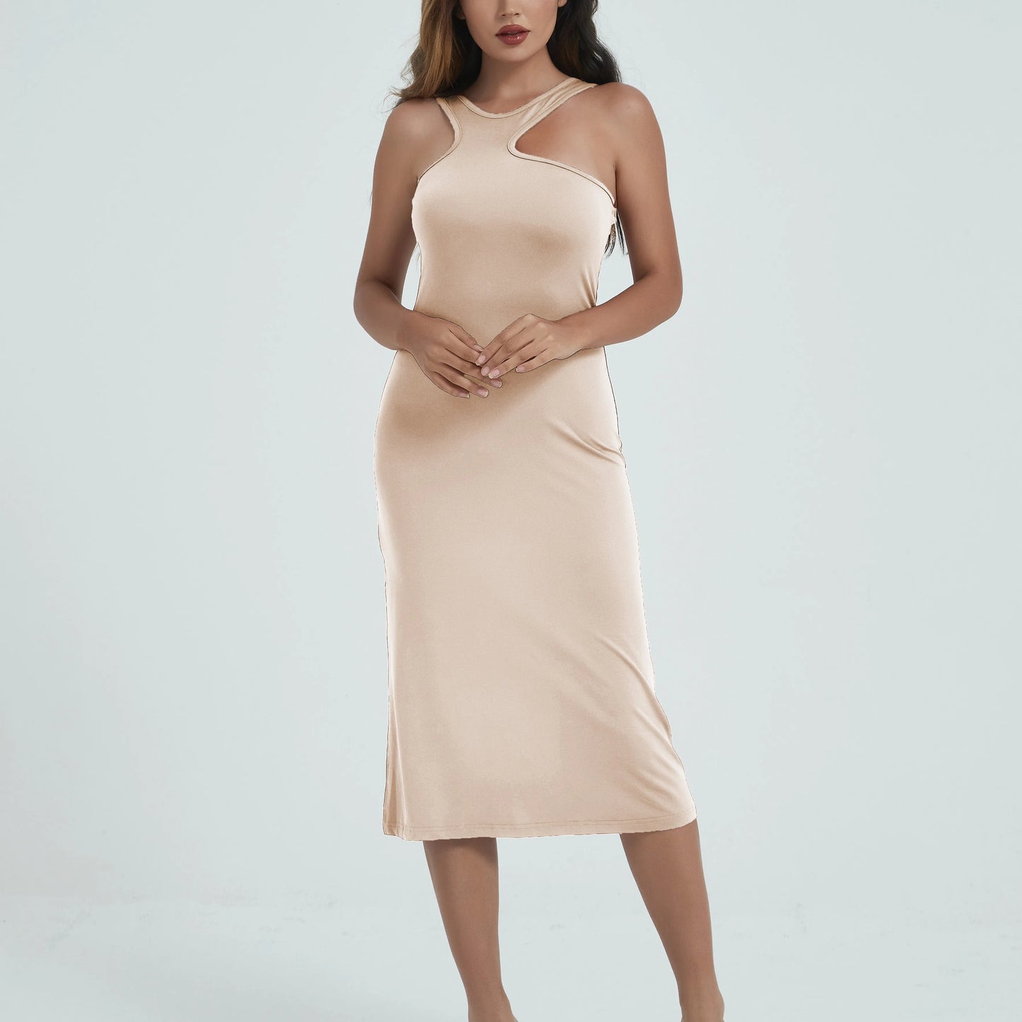 Spaghetti Strap Dresses for Women Summer Sexy Sleeveless Camisole Mid-Calf Dress Solid Color Bodycon Dress Sheath Dress SS003