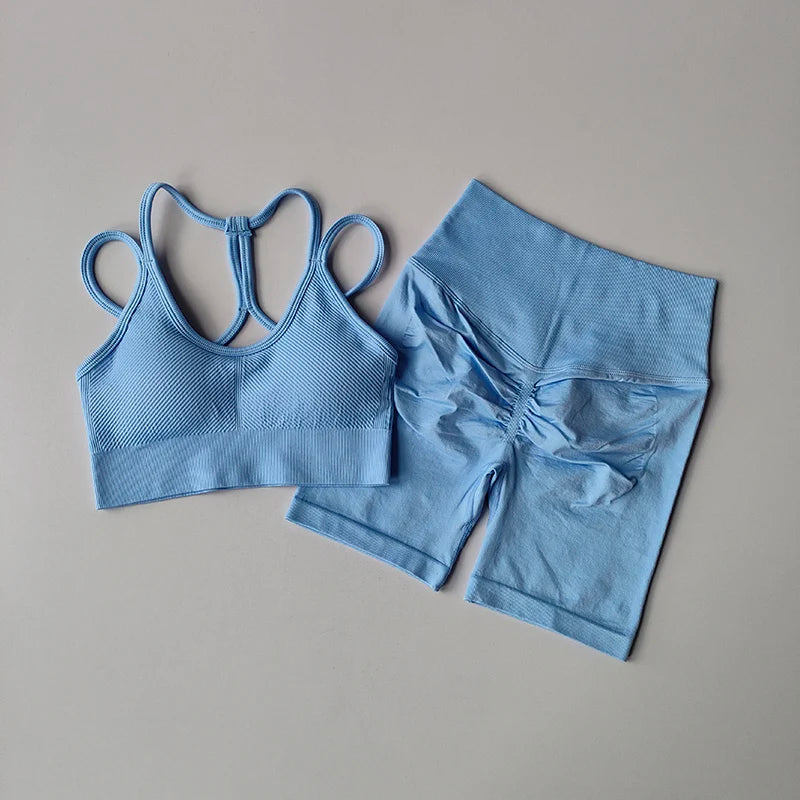 2PCS Seamless Women Yoga Set Gym Sportswear Sport Bra and Hight Waist Shorts Suit Fitness Workout Butt Lifting Short Tight Suit