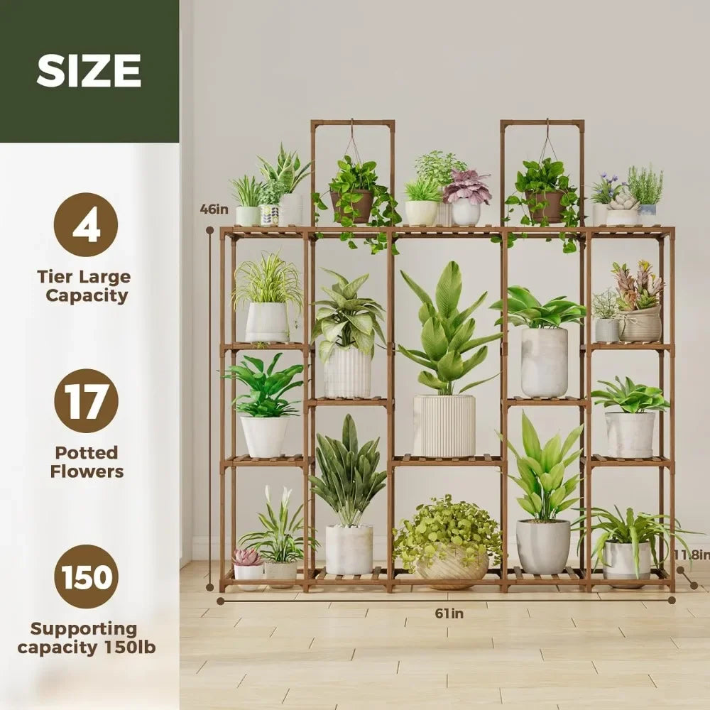 Plant Stand Indoor Large Plant Shelf 62.2" Tall Outdoor Plant Holder Wood for Multiple Plants Hanging
