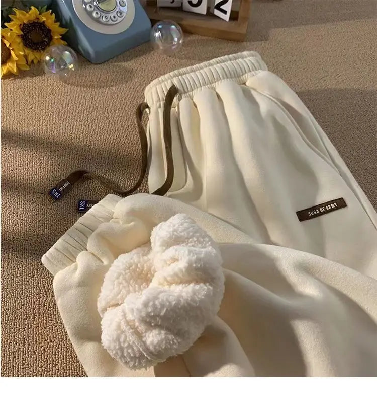 Fleece Sweatpants Women Winter Warm Pants Casual Harlan Pants Loose Lamb Fleece Ankle-Length Trousers Thicke Warm Sweatpants