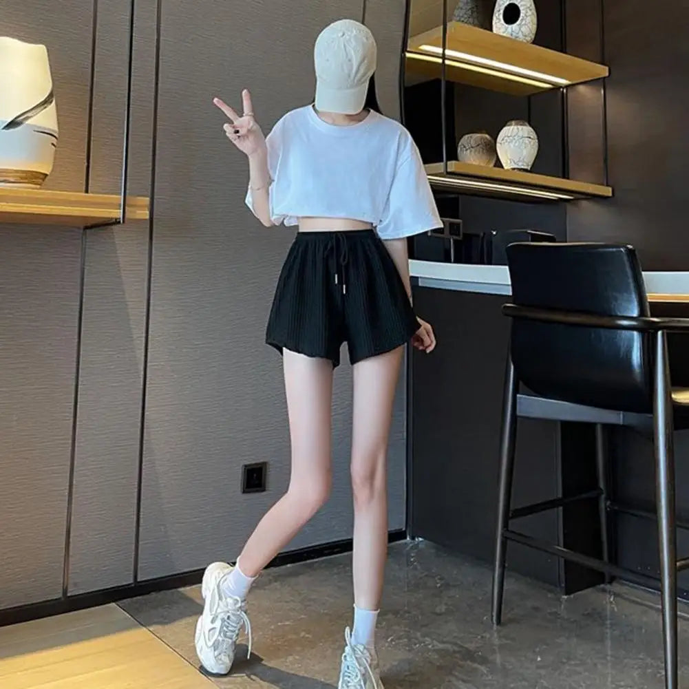 Lady Women's Summer Drawstring Shorts with High Elastic Waist Irregular Hem Pockets A-line Casual Sport Shorts