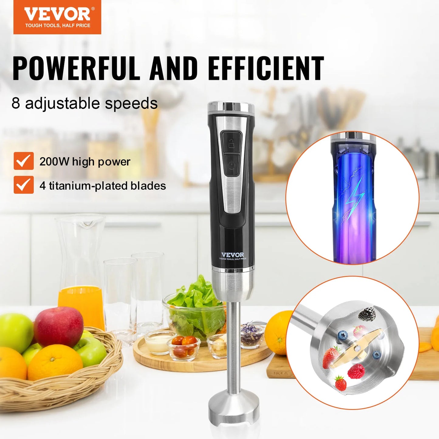 VEVOR 8 Speed Immersion Mini Portable Blender Handheld Mixer Machine 200W 500W Cordless Recharge home-appliance for Kitchen