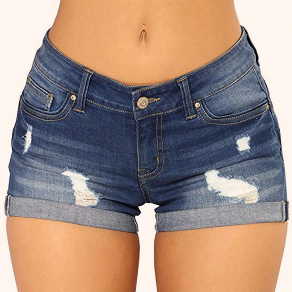 Denim Shorts Women 2023 Jeans Ripped Mid Waist Solid Color Soft Short Jeans Shorts Summer