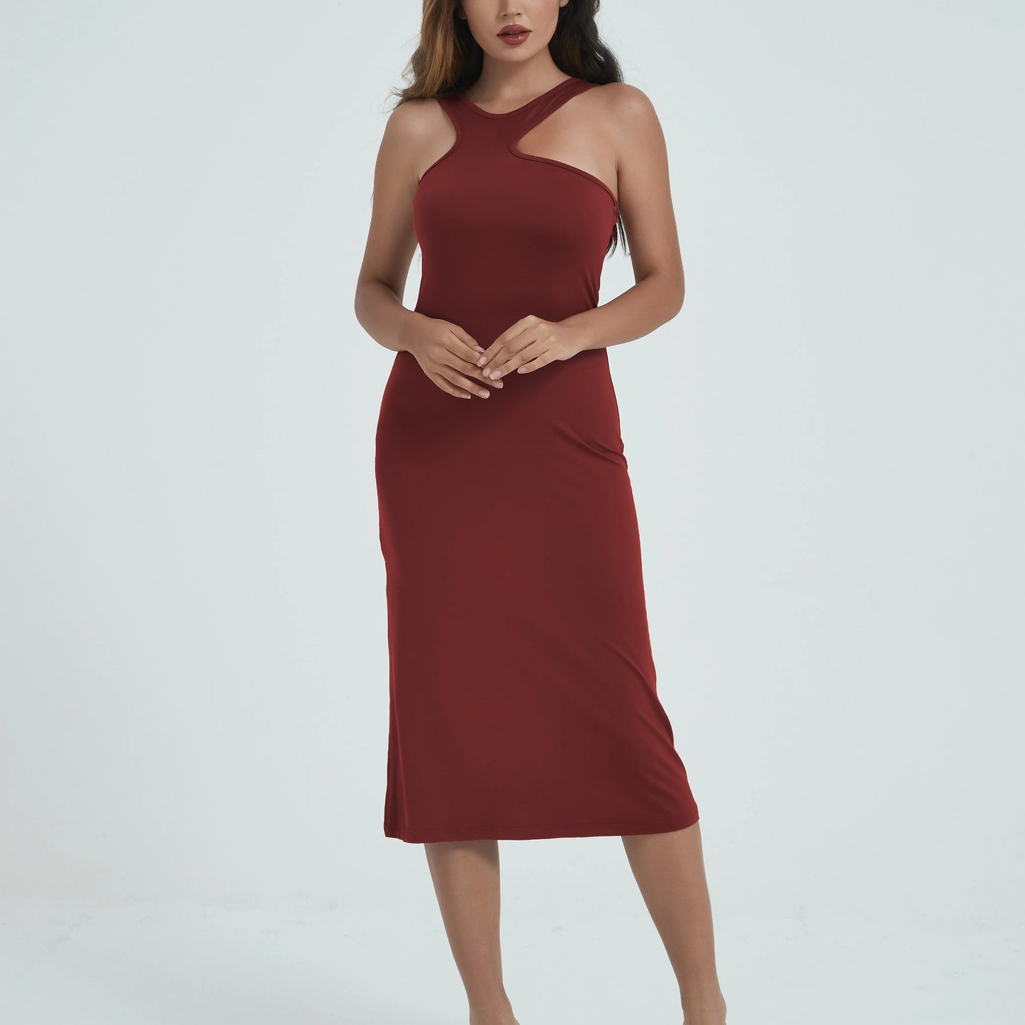 Spaghetti Strap Dresses for Women Summer Sexy Sleeveless Camisole Mid-Calf Dress Solid Color Bodycon Dress Sheath Dress SS003