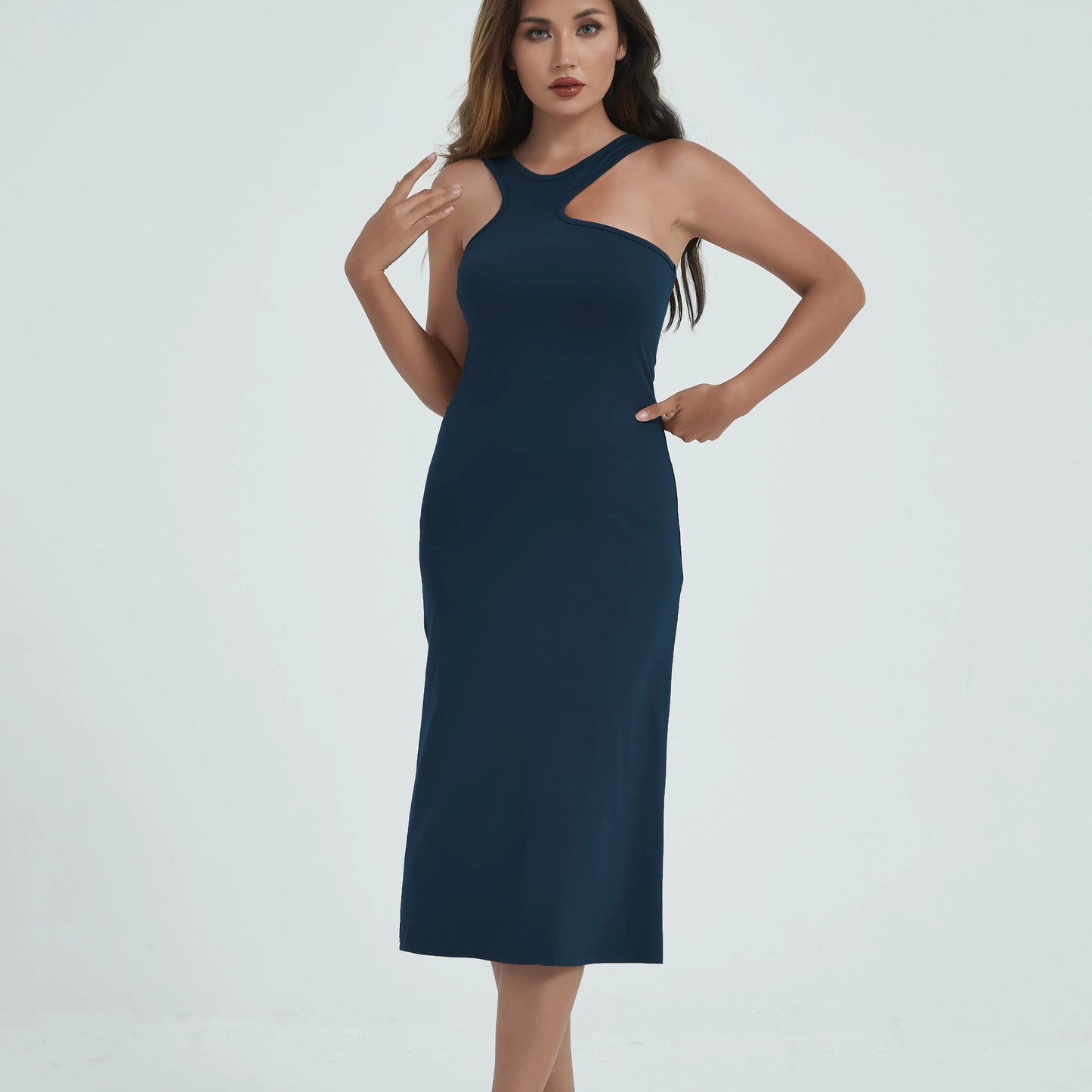 Spaghetti Strap Dresses for Women Summer Sexy Sleeveless Camisole Mid-Calf Dress Solid Color Bodycon Dress Sheath Dress SS003