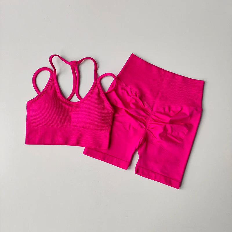 2PCS Seamless Women Yoga Set Gym Sportswear Sport Bra and Hight Waist Shorts Suit Fitness Workout Butt Lifting Short Tight Suit