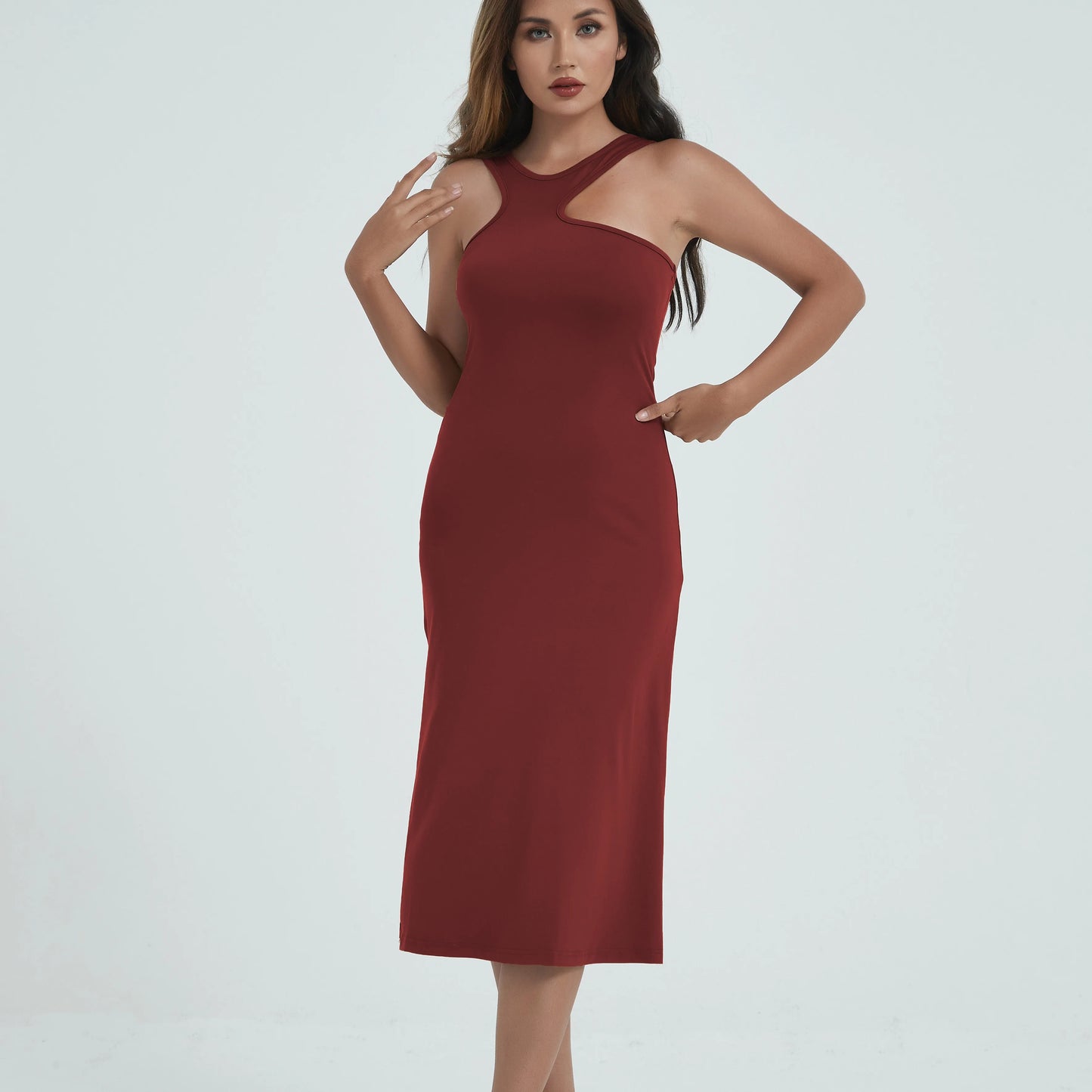 Spaghetti Strap Dresses for Women Summer Sexy Sleeveless Camisole Mid-Calf Dress Solid Color Bodycon Dress Sheath Dress SS003