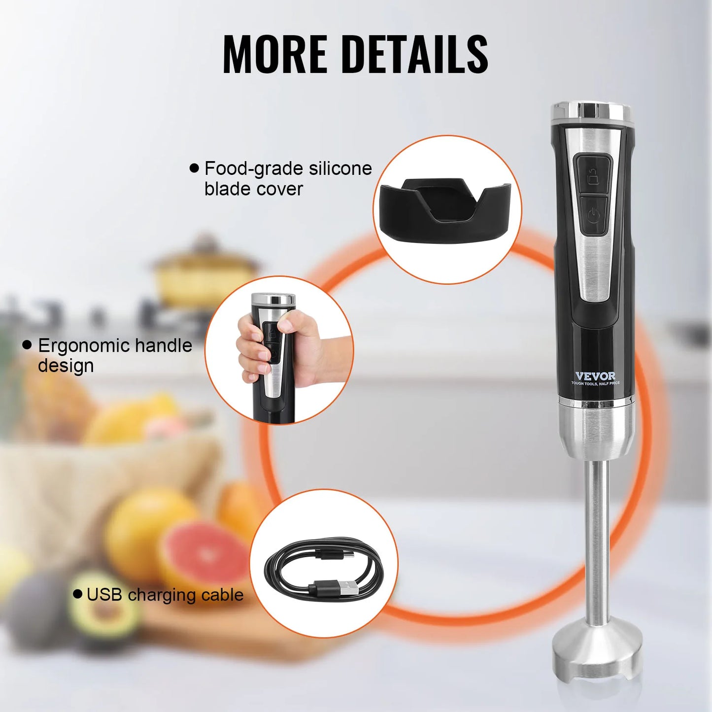 VEVOR 8 Speed Immersion Mini Portable Blender Handheld Mixer Machine 200W 500W Cordless Recharge home-appliance for Kitchen