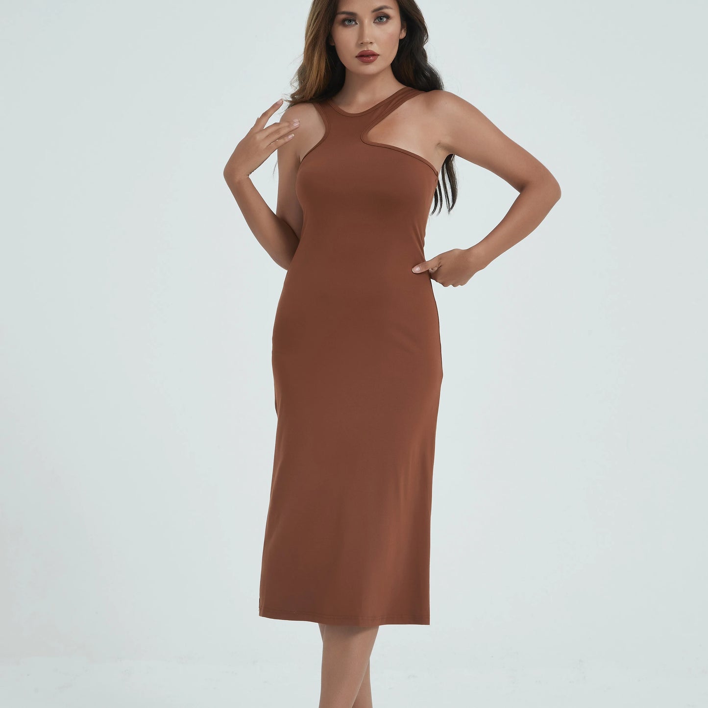 Spaghetti Strap Dresses for Women Summer Sexy Sleeveless Camisole Mid-Calf Dress Solid Color Bodycon Dress Sheath Dress SS003