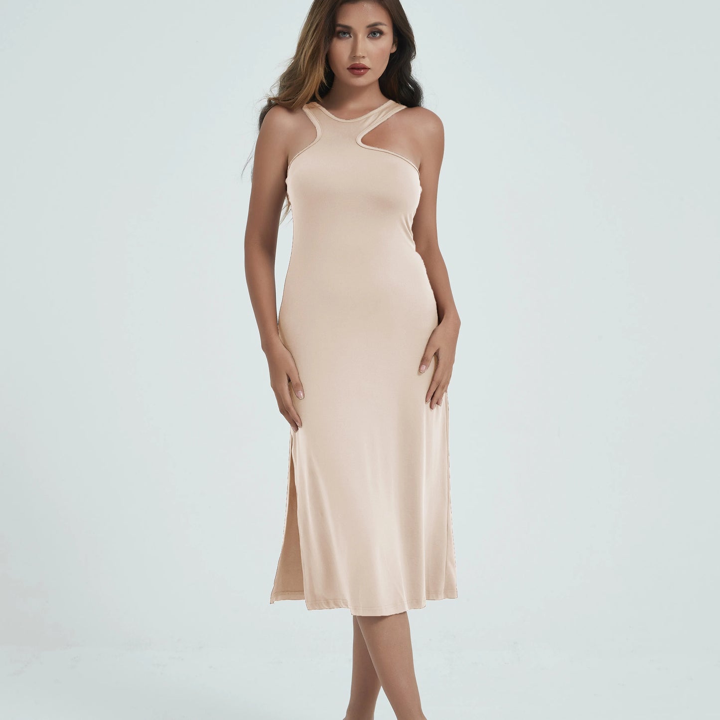 Spaghetti Strap Dresses for Women Summer Sexy Sleeveless Camisole Mid-Calf Dress Solid Color Bodycon Dress Sheath Dress SS003