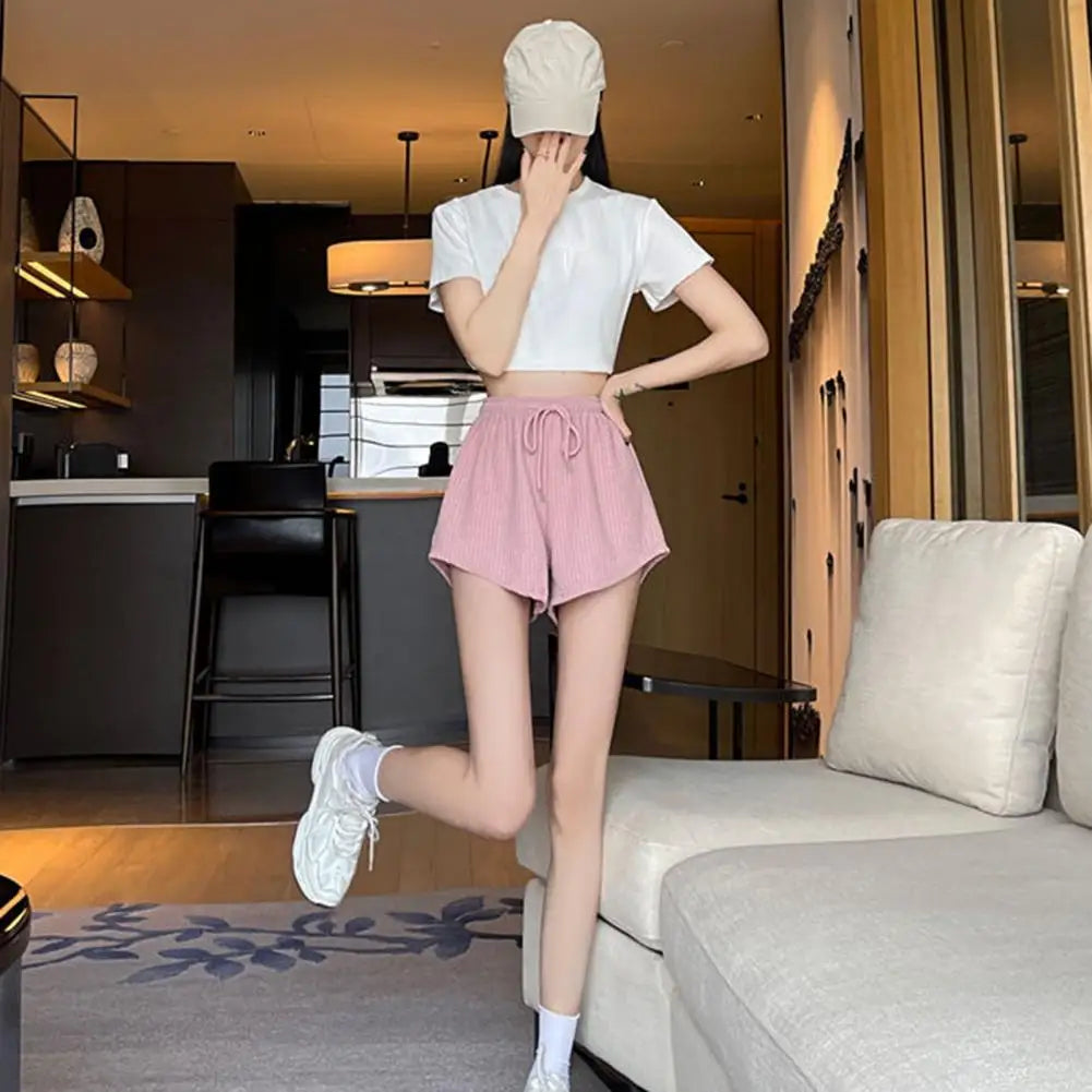 Lady Women's Summer Drawstring Shorts with High Elastic Waist Irregular Hem Pockets A-line Casual Sport Shorts
