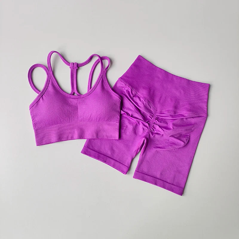 2PCS Seamless Women Yoga Set Gym Sportswear Sport Bra and Hight Waist Shorts Suit Fitness Workout Butt Lifting Short Tight Suit
