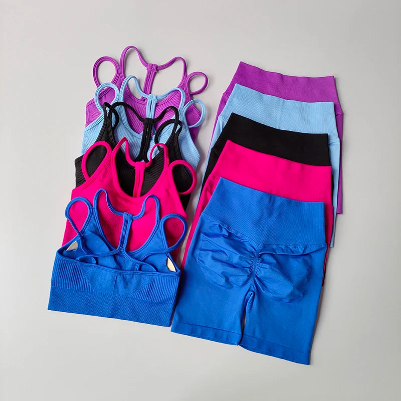 2PCS Seamless Women Yoga Set Gym Sportswear Sport Bra and Hight Waist Shorts Suit Fitness Workout Butt Lifting Short Tight Suit