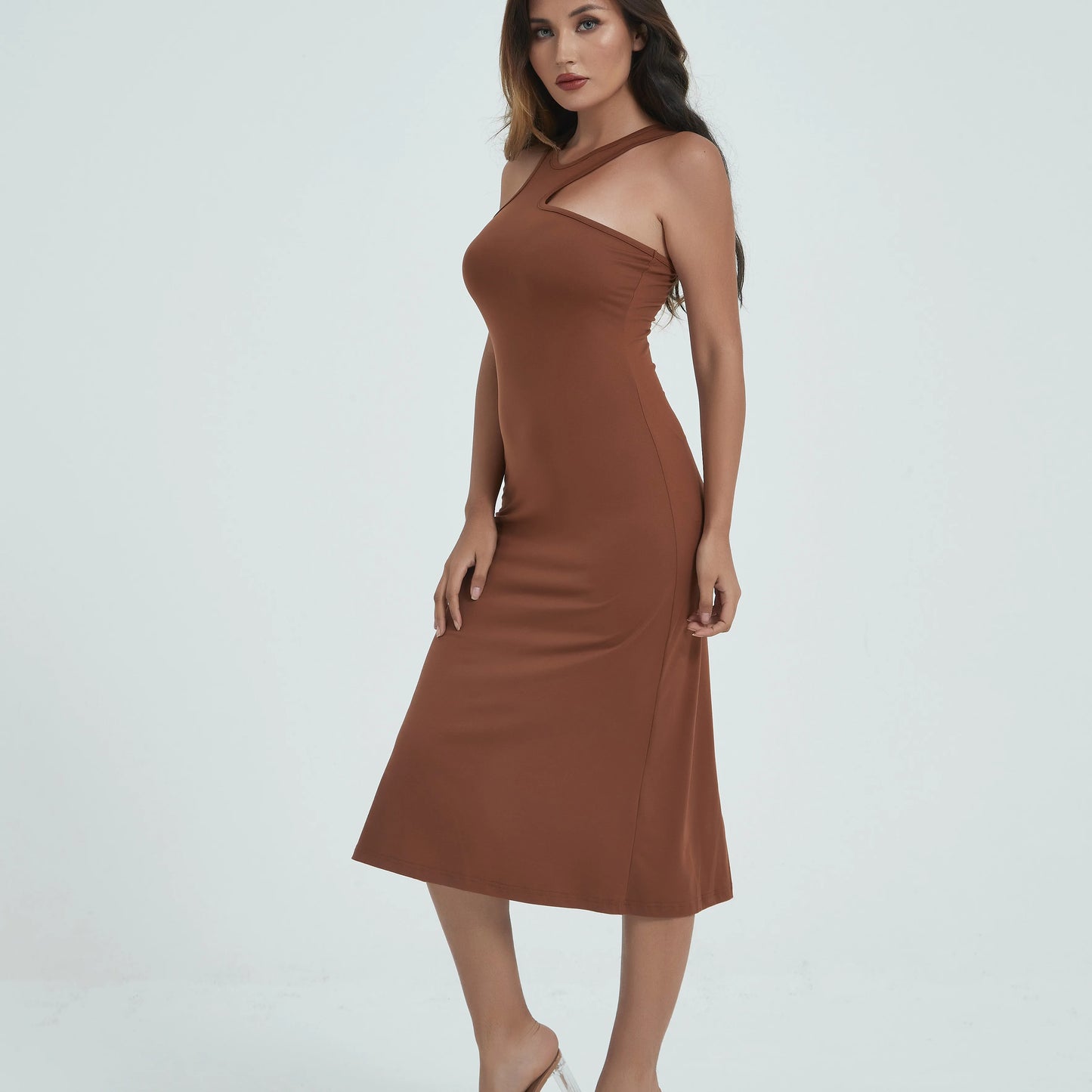 Spaghetti Strap Dresses for Women Summer Sexy Sleeveless Camisole Mid-Calf Dress Solid Color Bodycon Dress Sheath Dress SS003