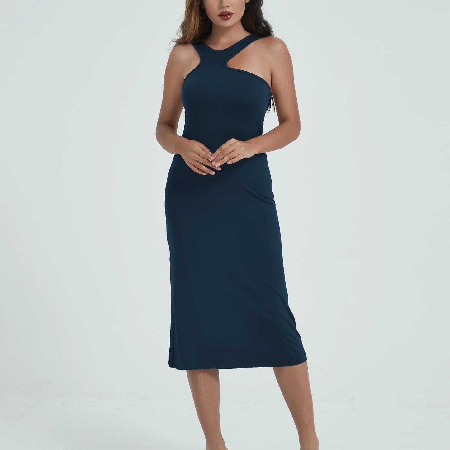 Spaghetti Strap Dresses for Women Summer Sexy Sleeveless Camisole Mid-Calf Dress Solid Color Bodycon Dress Sheath Dress SS003