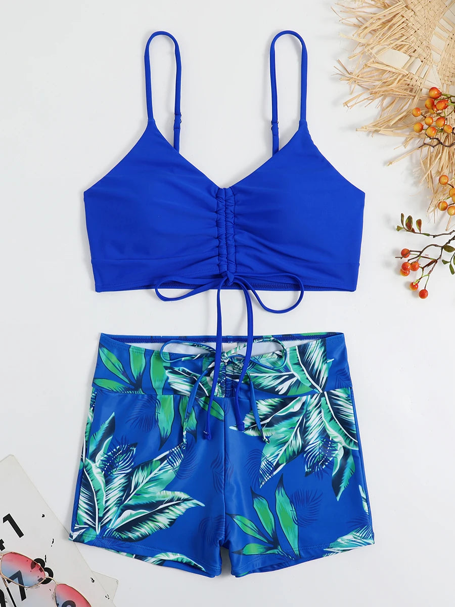 Drawstring Front Shorts Bikinis 2024 High Waist Swimsuit Women Swimwear Female Bathers Bathing Swimming Swim Suit Beachwear