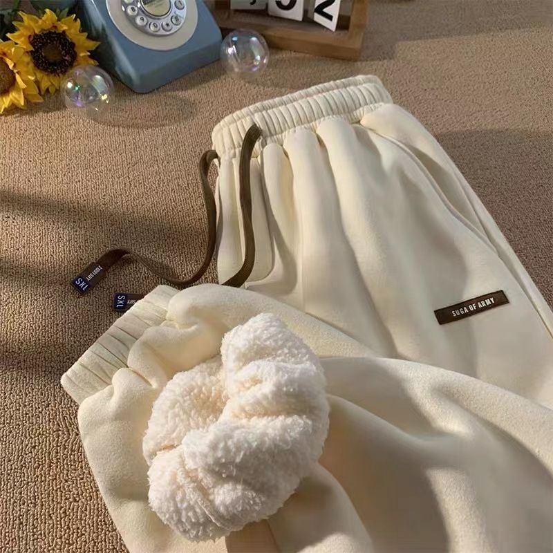 Fleece Sweatpants Women Winter Warm Pants Casual Harlan Pants Loose Lamb Fleece Ankle-Length Trousers Thicke Warm Sweatpants