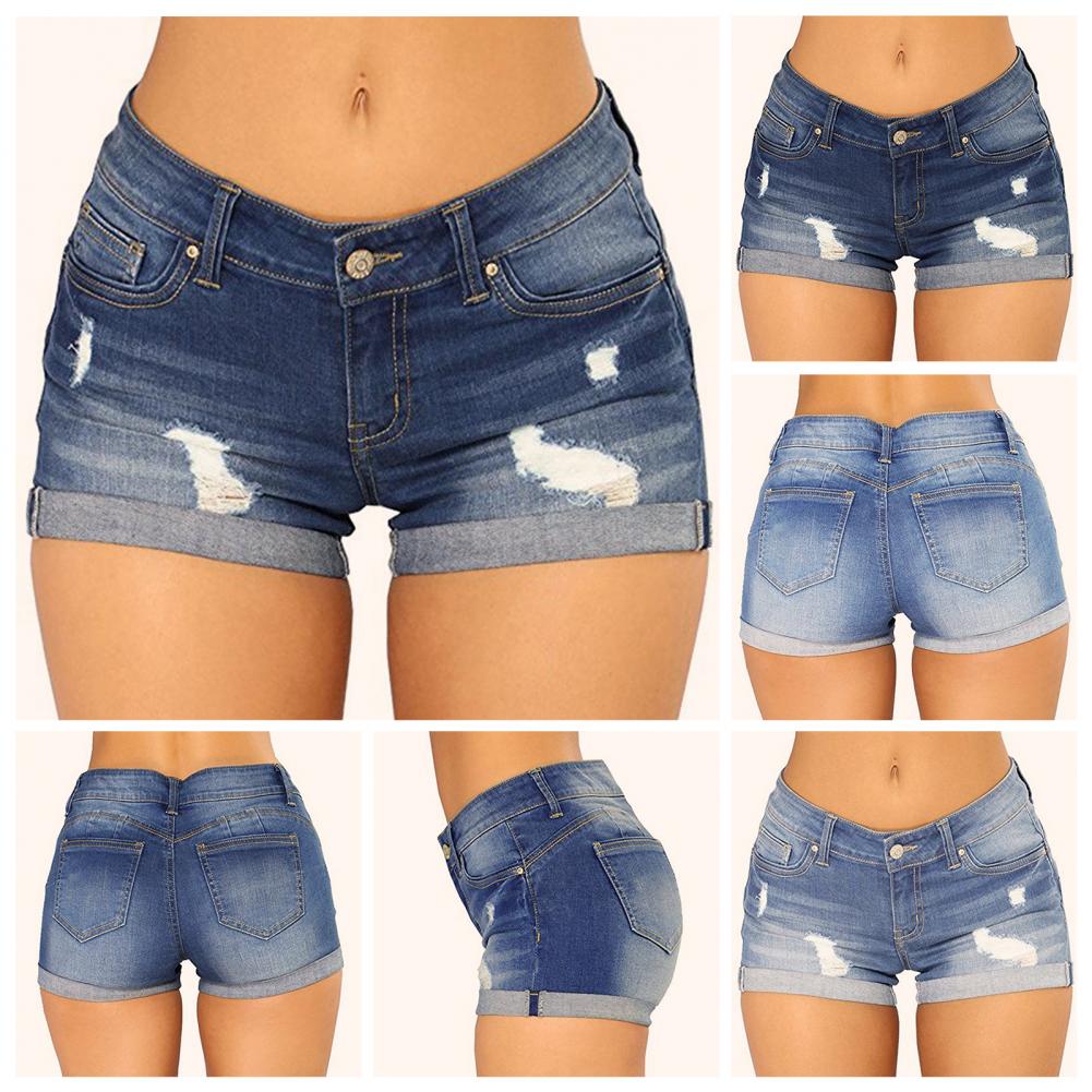Denim Shorts Women 2023 Jeans Ripped Mid Waist Solid Color Soft Short Jeans Shorts Summer
