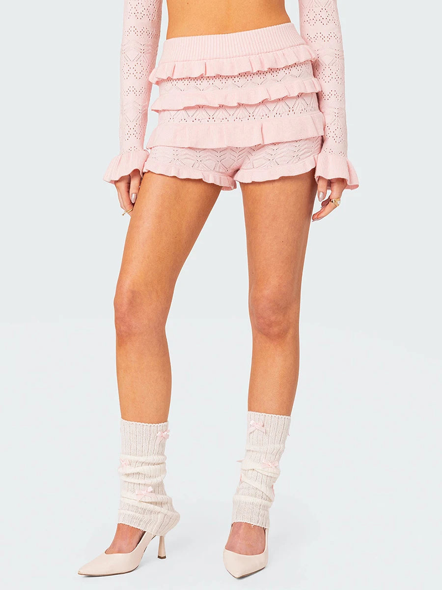 Women Knit Shorts Elastic Waist Layered Ruffle Skirt Shorts Fall Summer Slim Fit Casual Short Pants for Daily Streetwear Trendy