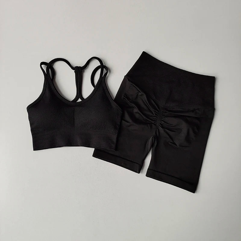 2PCS Seamless Women Yoga Set Gym Sportswear Sport Bra and Hight Waist Shorts Suit Fitness Workout Butt Lifting Short Tight Suit