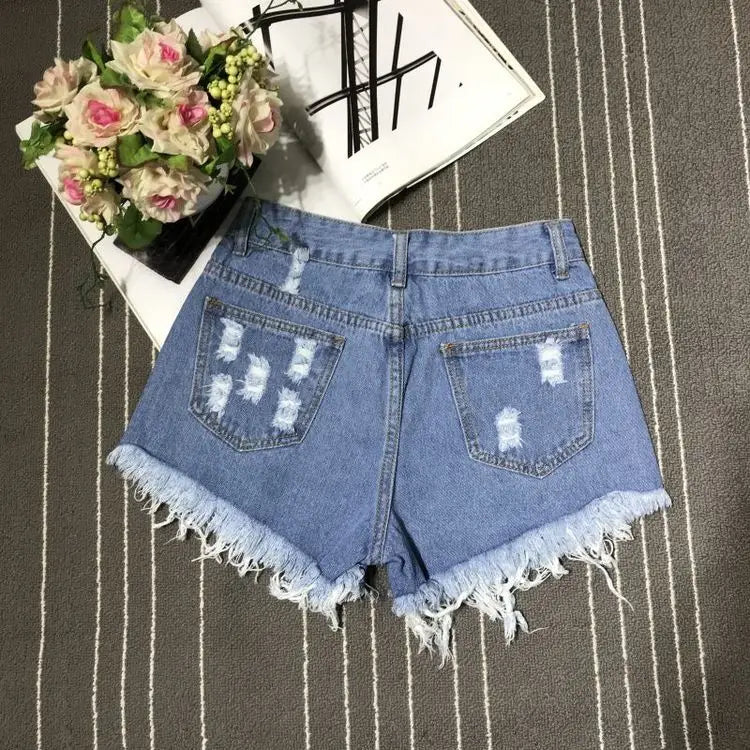 New High Waist Tassel Broken Denim Shorts Female Summer Korean Version Raw Edge Wide Leg Loose Plus Size Jean Shorts Women