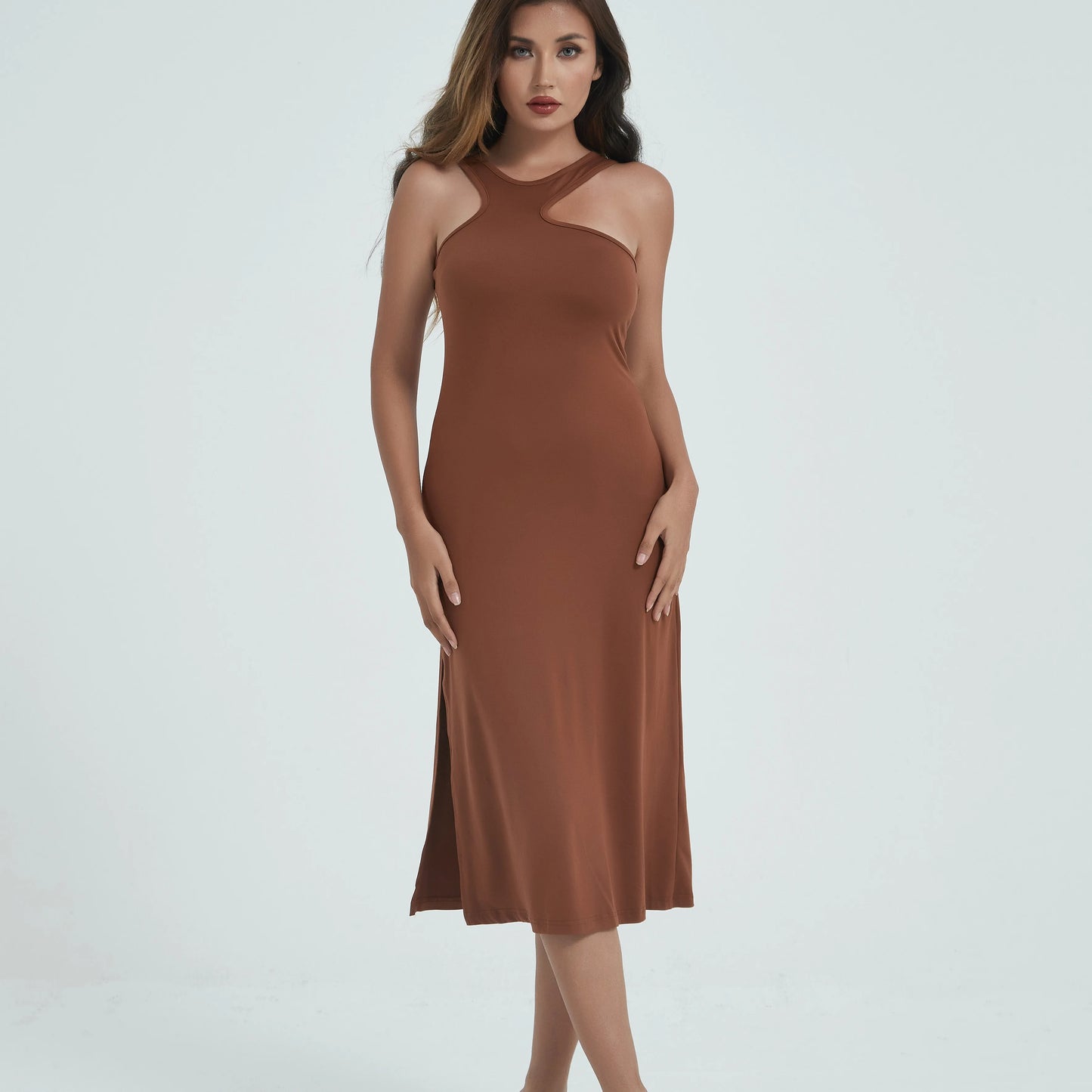 Spaghetti Strap Dresses for Women Summer Sexy Sleeveless Camisole Mid-Calf Dress Solid Color Bodycon Dress Sheath Dress SS003