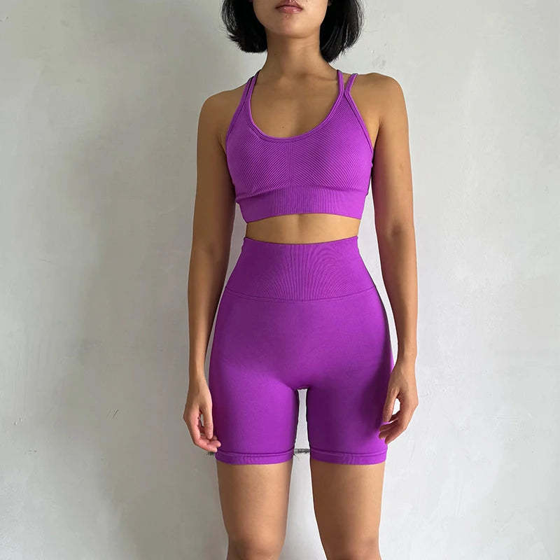 2PCS Seamless Women Yoga Set Gym Sportswear Sport Bra and Hight Waist Shorts Suit Fitness Workout Butt Lifting Short Tight Suit